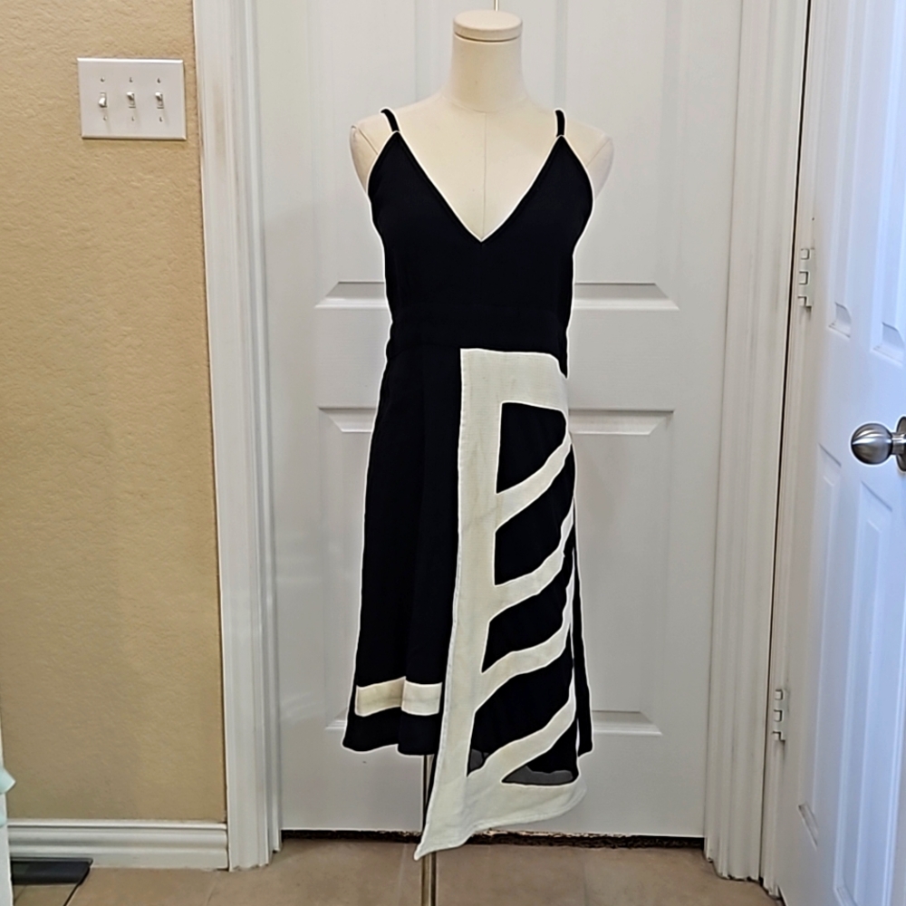 Leopards & Roses Asymmetrical Spaghetti Strap Black and Cream Dress Size  3